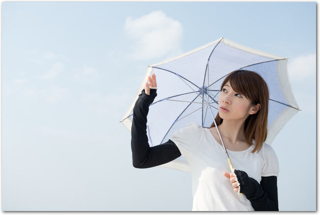日傘の効果を気にして観察する女性