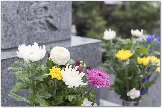 墓前に仏花が供えられている様子